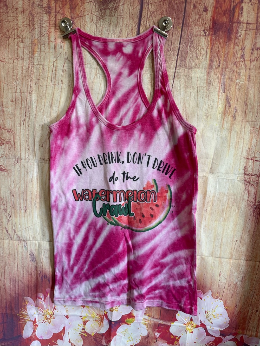 Pink Tie-Dye Racerback Tank Top with Watermelon Graphic